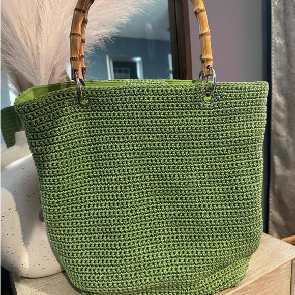 Maggie Barnes Green Tote Bag‎ with Bamboo Handles - Picture 2 of 5